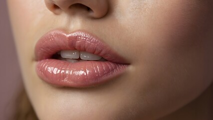 Naklejka premium Glossy Lips Woman Close-Up Photography