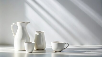 A minimalist composition of white ceramic vessels bathed in soft sunlight, creating a serene and timeless visual aesthetic.