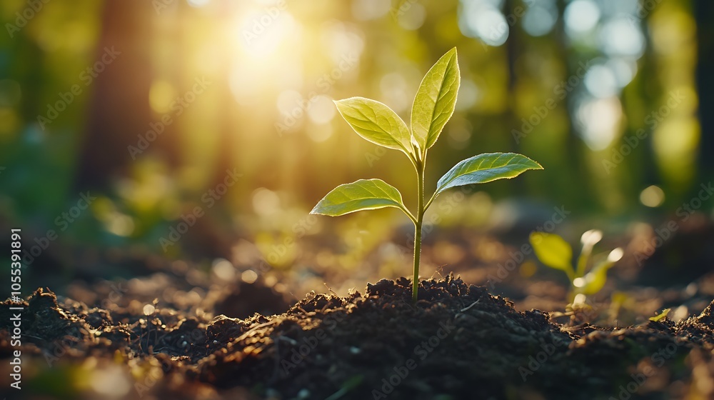 Wall mural fresh young plant growing in bright sunlight concept of sustainable growth and ecology