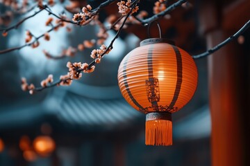 A glowing lantern swaying gently among cherry blossoms in a serene traditional setting