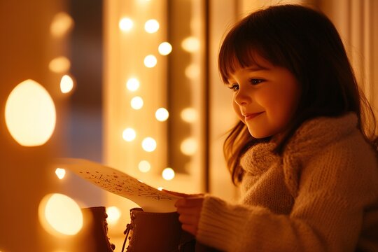 Child reads letter with cozy warm light