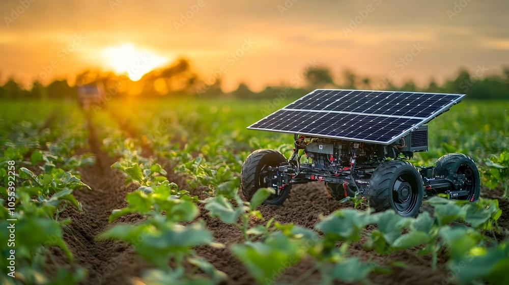 Poster solar powered agriculture robot working in the field of renewable energy and advanced technology
