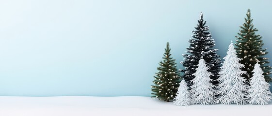 Obraz premium A serene winter scene featuring evergreen trees adorned with snow against a pale blue sky, creating a tranquil and festive atmosphere.