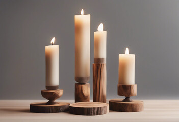 Set collection of decorative wooden candle stands isolated on transparent background