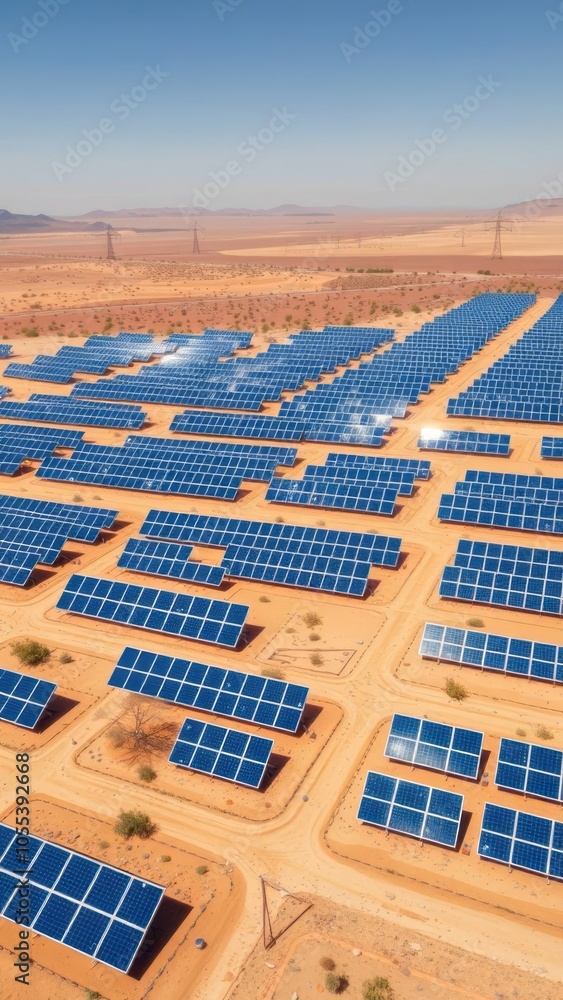 Wall mural aerial view of a landscape with photovoltaic solar panel farm generating sustainable renewable energ