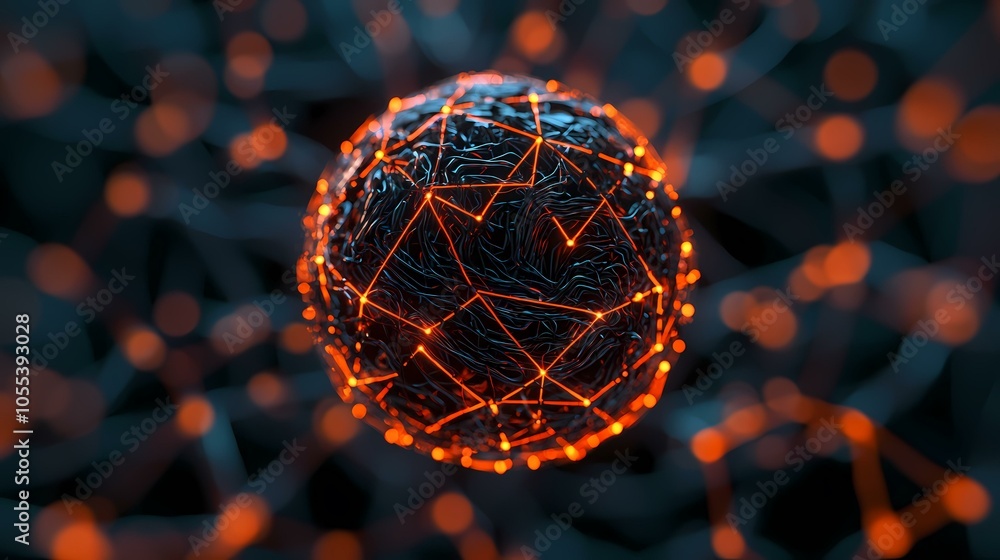 Poster a glowing sphere of connected lines and points with a dark blue and orange theme.