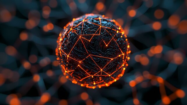 A glowing sphere of connected lines and points with a dark blue and orange theme.