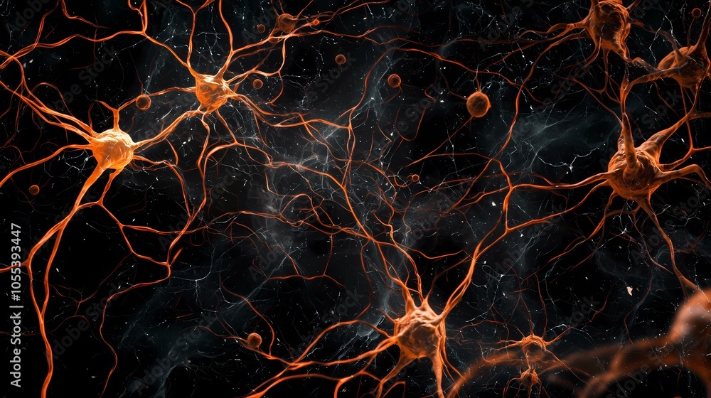 Poster the image is of several orange neurons connected in a network with thin white lines and scattered wh