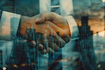 Close up handshake with diverse business team and graph overlay.