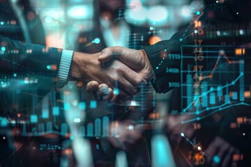 Close up handshake with diverse business team and graph overlay.
