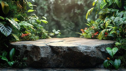 Stone table top with a jungle background