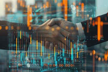 Close up handshake with diverse business team and graph overlay.