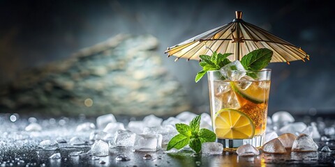 Clear plastic drink umbrella on top of a clear ice-filled drink with garnish, plastics, summery