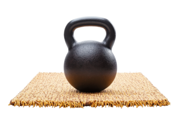 A solitary kettlebell resting on a textured mat with a minimalist backdrop for fitness inspiration
