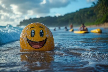 Naklejka premium Smiling Yellow Inflatable Floating in Ocean Waves