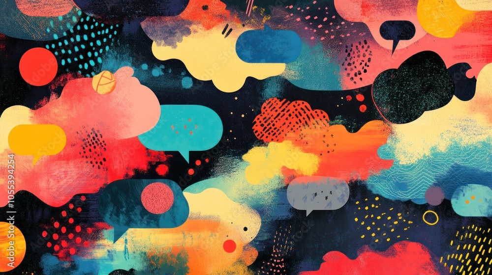 Poster a vibrant background illustration featuring multiple speech and thought bubbles in various sizes and