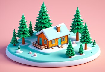 Naklejka premium Whimsical winter cabin in a snowy forest with pine trees on pastel background