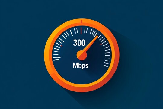 A simple graphic showing a speedometer-style interface with a needle pointing to "300 Mbps" 
