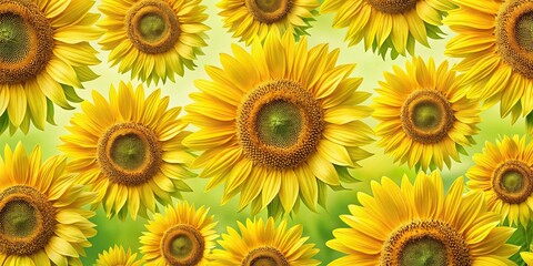 A repeating pattern of large sunflowers in various stages of bloom against a soft green and yellow background, wall art, interior design, flower arrangement, nature-inspired decor