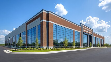Obraz premium Modern Brick and Glass Office Building with Parking Lot