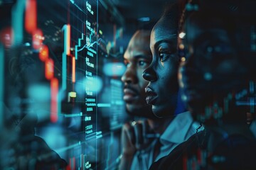 Collaborative portrait of diverse professionals with financial analysis concept.