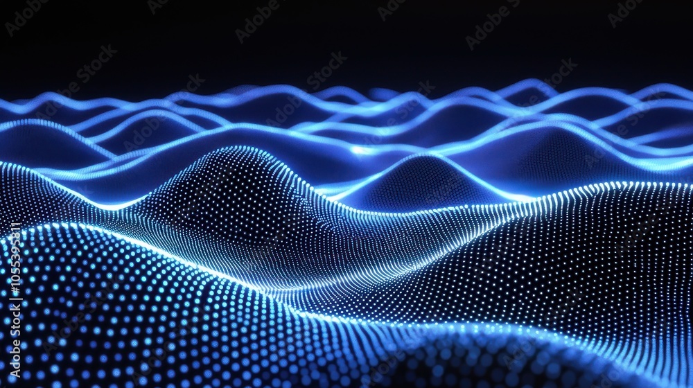 Poster dynamic blue dots forming abstract wave patterns, ai generation