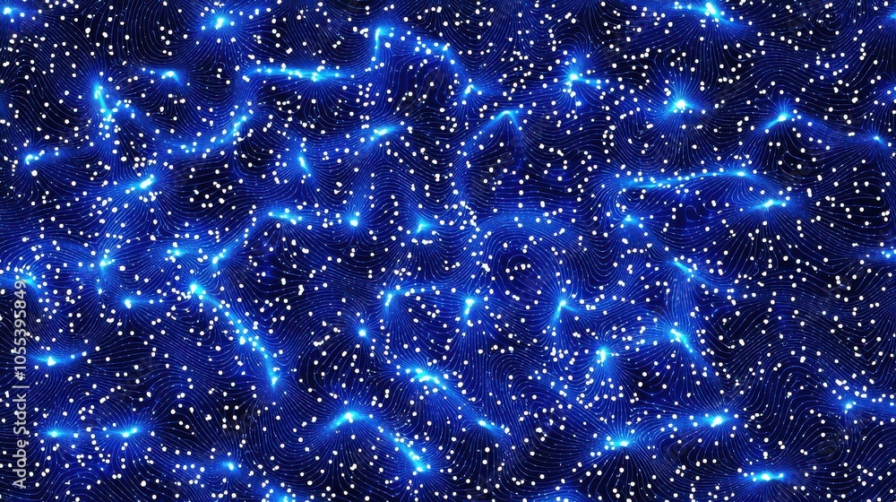 Poster abstract blue glowing neural network pattern with white dots and curved lines on dark background, ai