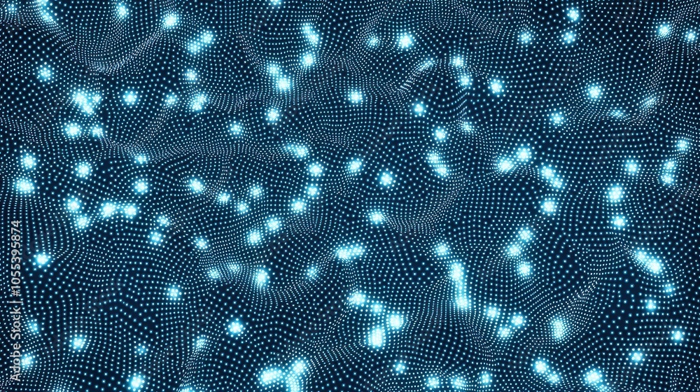 Poster abstract blue dot grid pattern with glowing light clusters on dark background, ai generation