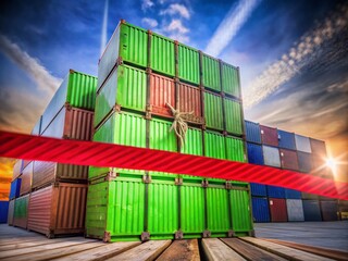Fototapeta premium Cargo Containers and Red Tape Symbolizing Bureaucratic Obstacles in International Shipping Delays