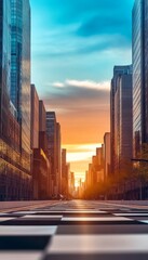 Obraz premium Empty City Street with Modern Skyscrapers, Vibrant Sunset Sky, and Checkerboard Road Pattern.