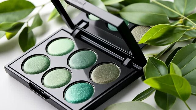 A palette of vibrant green eyeshadows surrounded by leaves, ideal for Earth Day and spring makeup trends