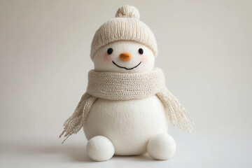 Obraz premium A snowman doll made of polar fleece, wearing a cotton hat and scarf