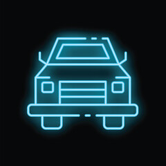 Neon blue pickup truck glowing on black background, front view, great for automotive industry icons © ylivdesign