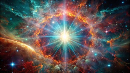 A celestial spectacle unfolds as a radiant star bursts forth from a swirling nebula, its brilliant light piercing the cosmic darkness and illuminating the surrounding gas and dust.