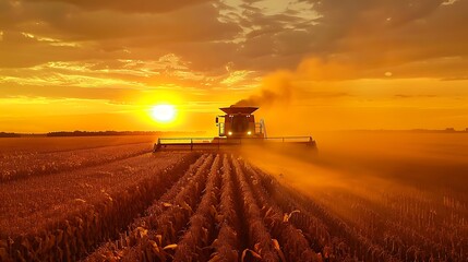 Fototapeta premium The sun seting on this combine set up for corn harvesting