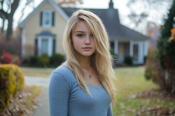 A very beautiful 17 year old American blonde young woman, she is dressed normally. She is in front of an average American house