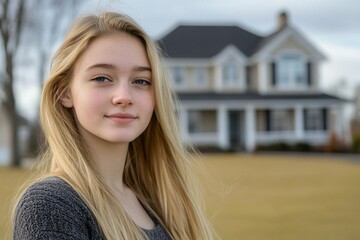 A very beautiful 17 year old American blonde young woman, she is dressed normally. She is in front of an average American house