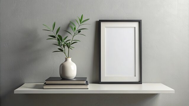 A minimalist display featuring a black framed canvas, a stack of books, and a vase with foliage, all positioned on a simple white shelf against a gray wall.