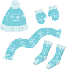 Vector set of winter clothes. Knitted accessories for winter and autumn. Hat, scarf, mittens, socks. Winter woolen clothes. The outerwear is blue with an ornament.