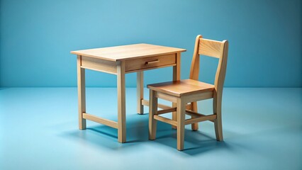 Child-Sized Wooden Desk and Chair Set on Soft Blue Background for Home Office and Playroom Inspiration