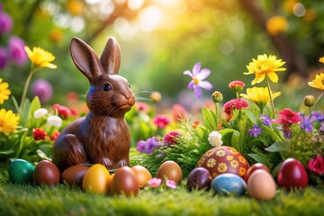 Fototapeta premium Chocolate Easter Bunny in a Charming Spring Setting for Festive Celebrations