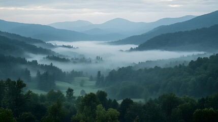 A foggy morning in the mountains with mist rolling through the valleys