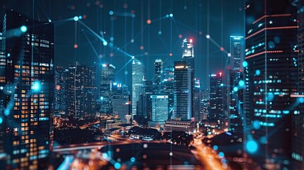 Fototapeta premium Big modern city city skyscraper downtown, Digital interface with line connection