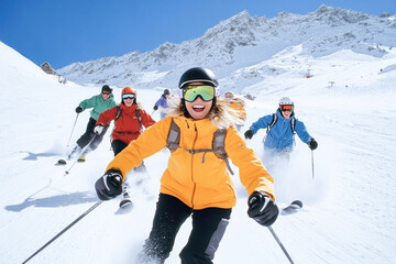 Group of friends skiing in bright winter gear, smiling with joy and capturing the thrill of adventure. 