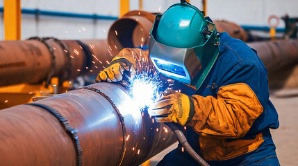 an industrial welder in protective gear working over marine pipeline