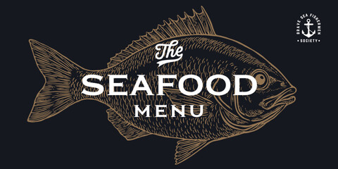 Gilt-head bream, fish, Dorado, seafood, sketch. Vintage retro print, seafood fish sketch, logo sign template, ink pencil style drawing, engrave old school. Hand drawn sketch fish. Vector Illustration