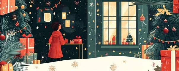 Woman decorating for christmas eve in cozy festive home