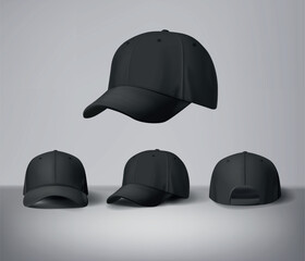 Black baseball caps mock up with logo in gray background, front sides. For branding and advertising.