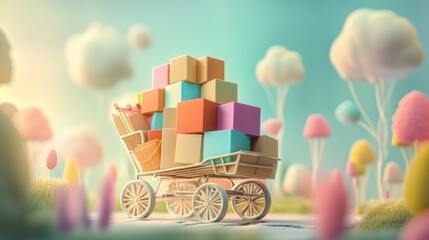  cart overflowing with colorful, cartoonish cardboard boxes,