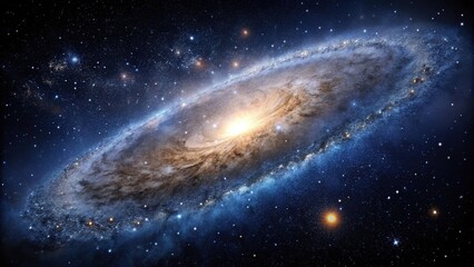 Fototapeta premium Dark matter galaxy with faint stars and galaxies in the distance, distant galaxies, planetary body, cosmic landscape, intergalactic space